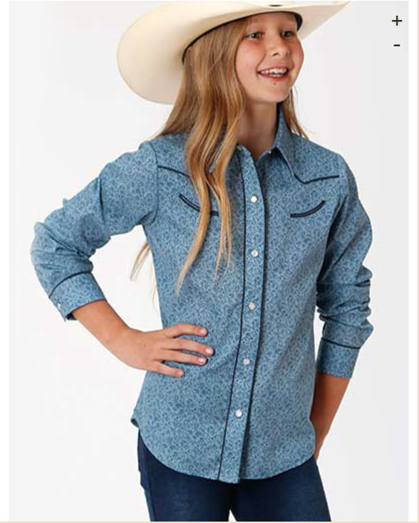 Karman Girls' Blue Floral Snap Long Sleeve Western Shirt